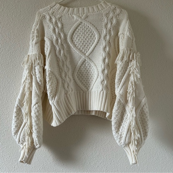 Line + Dot Women’s Knit Sweater XS off white Chunky Fringe Oversized Cottagecore - Picture 11 of 15